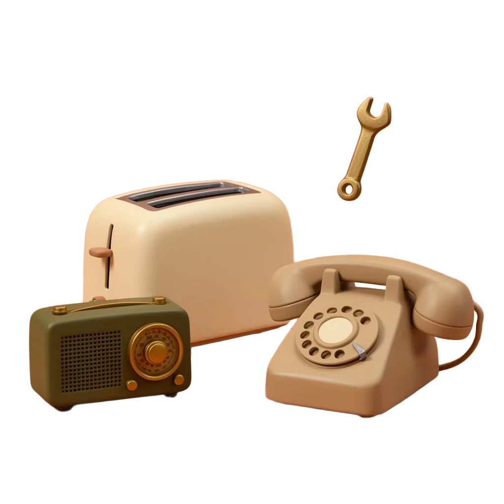 Vintage toaster, retro radio, rotary phone and a small gold wrench