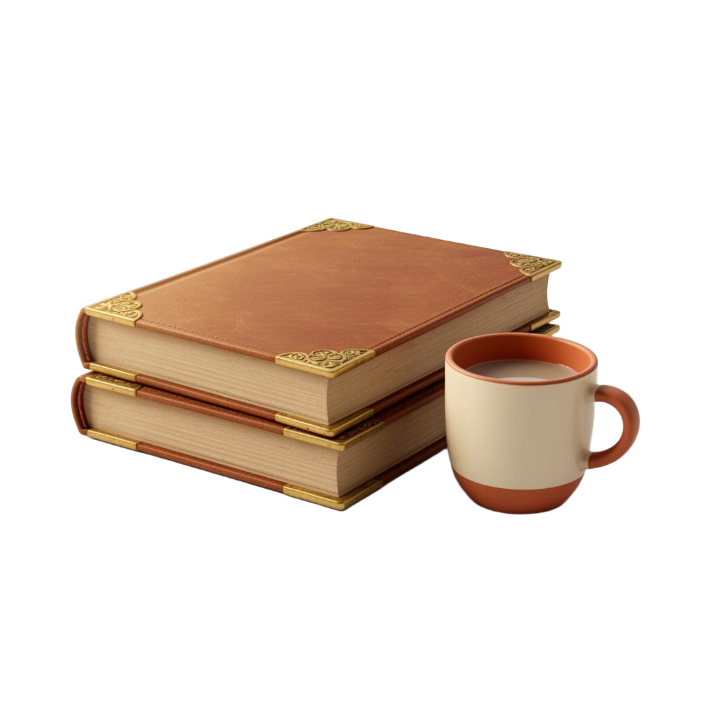 Stack of leather-bound books with gold corners and a cream porcelain mug