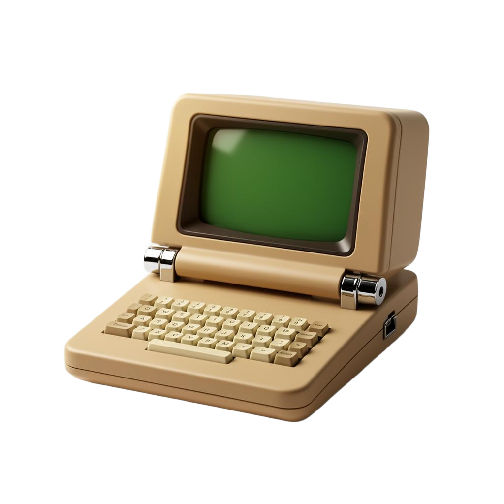 Retro beige clamshell computer with green CRT screen and chrome hinges