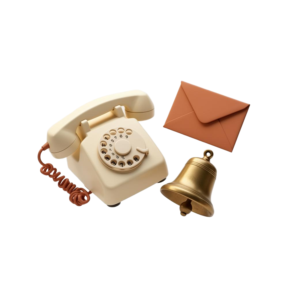 Cream rotary phone, terracotta envelope and brass bell