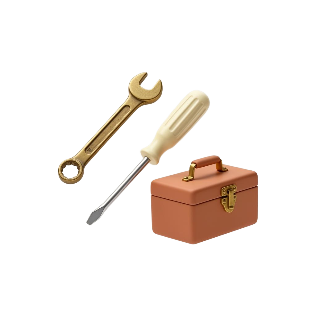 Brass wrench, cream-handled screwdriver and small terracotta toolbox